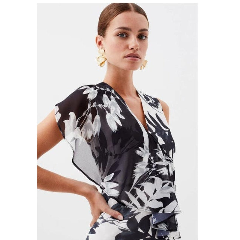 NWOT Karen Millen Floral Georgette Ruffle Front Midi Dress Ladies size Small