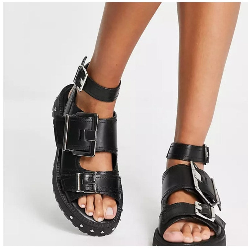 NWB Asos Finchley Premium Leather Chunky Flat Sandal with Buckles Size 6