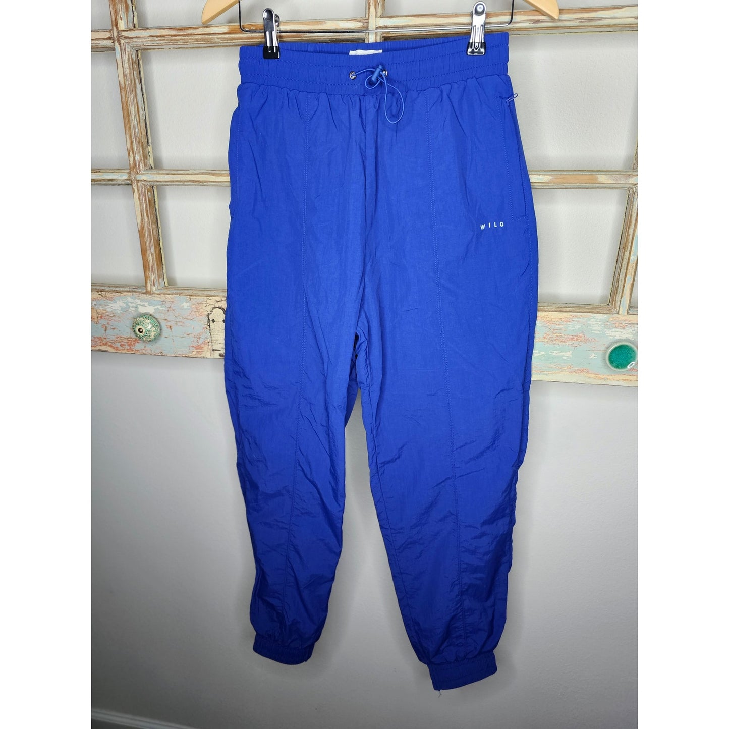 Wilo Cobalt Blue Nylon Track Pants elastic bottoms & waist W/ cinch Size Small