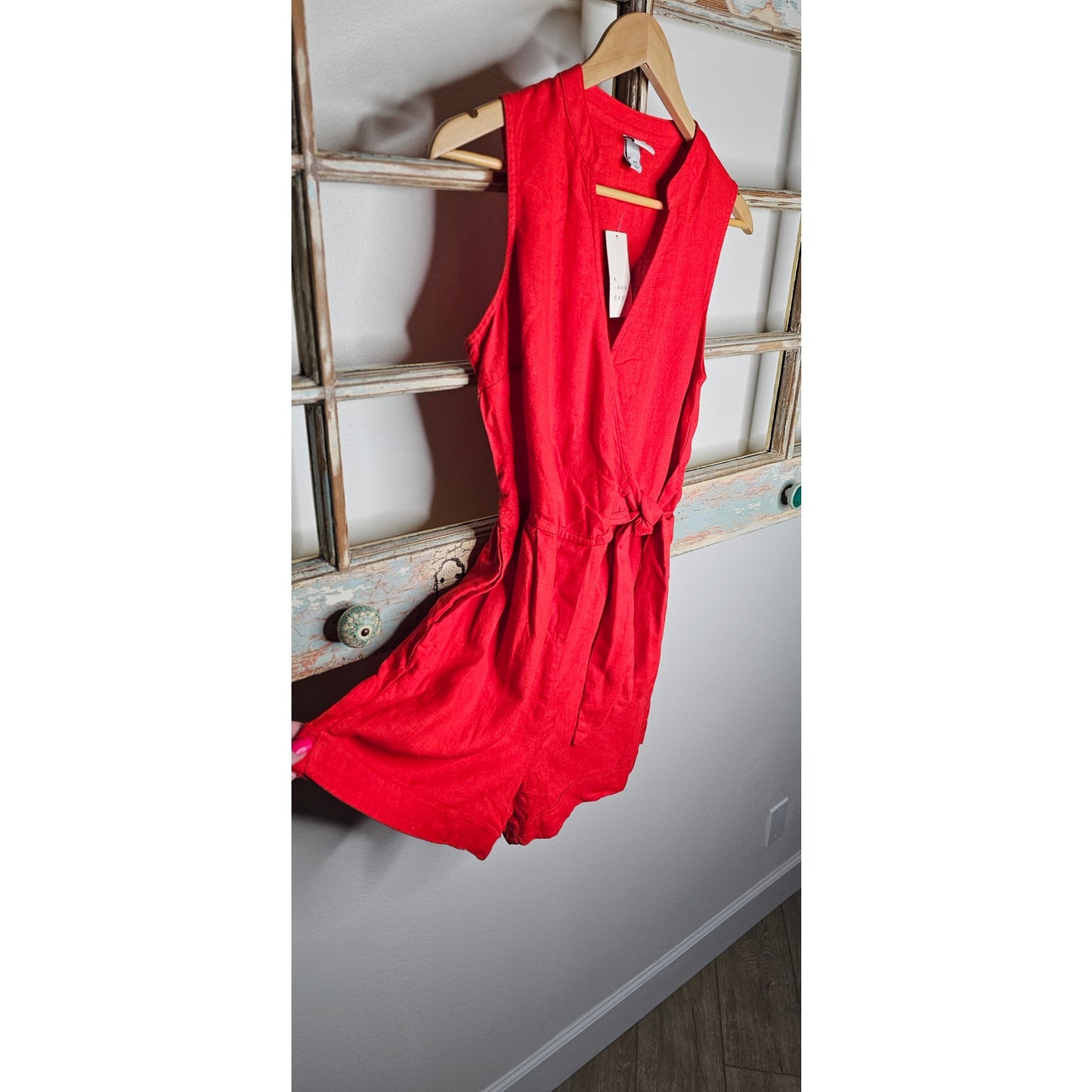 NWT Red Linen Blend Short Romper W/ Side Tie Ladies size XS