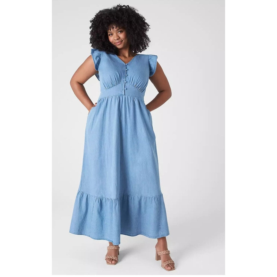 Lane Bryant Denim Chambray V-neck Ruffle Cap Sleeve Dress Ladies size 16