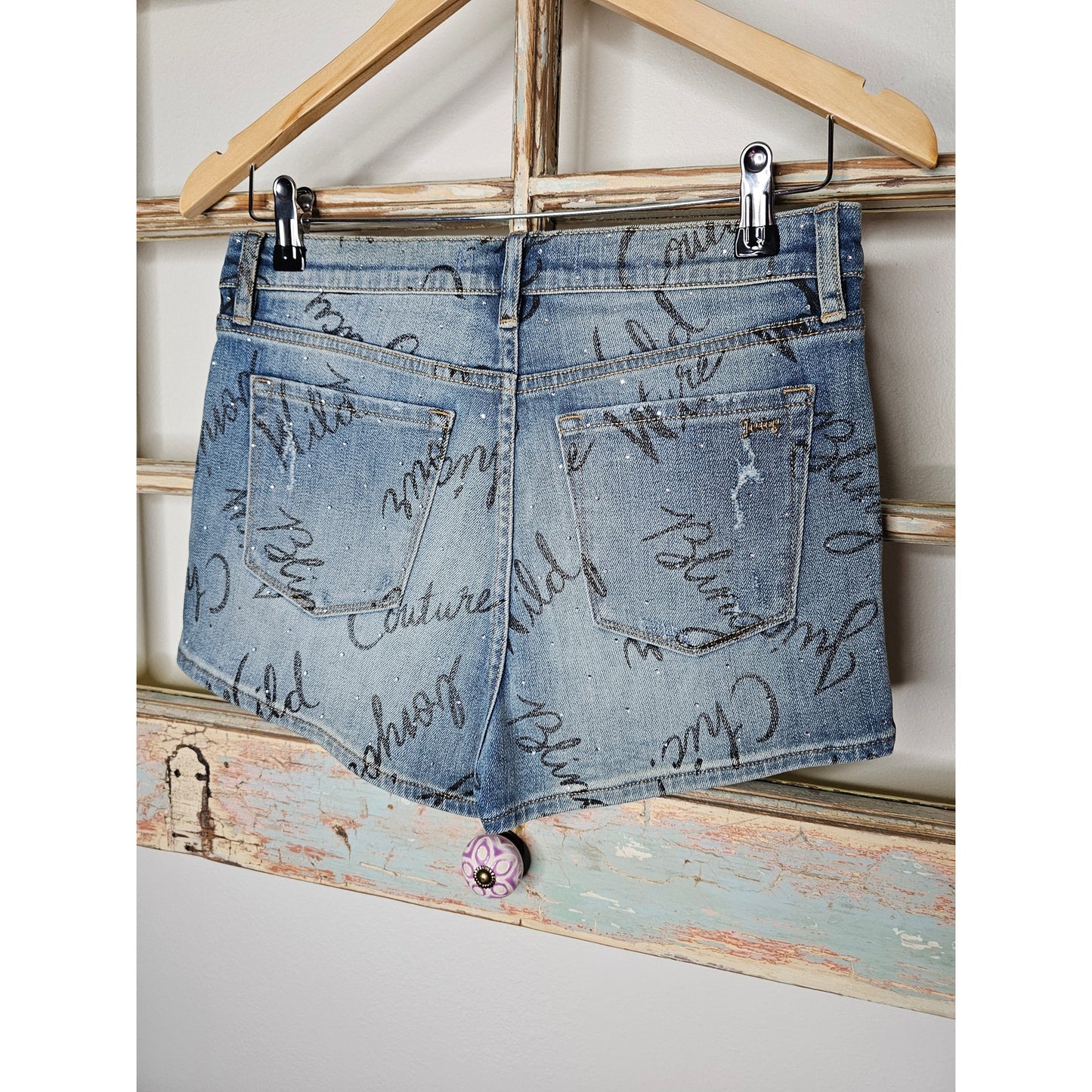 NWT Juicy couture Mid Rise Crystals & Graffiti Denim Shorts Ladies size 27
