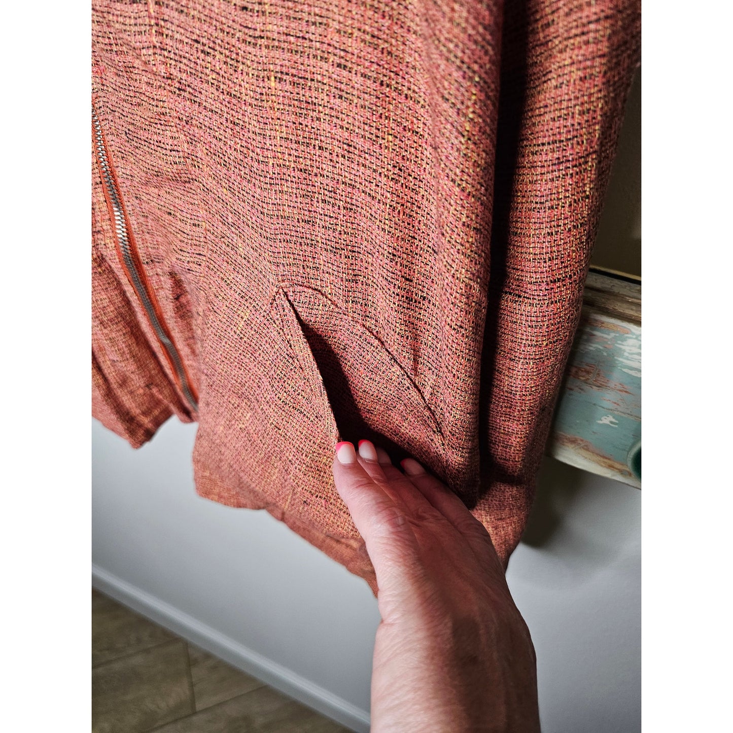 Flax Linen Zip Up Collared Jacket with Front pockets in Coral Tweed Size Small
