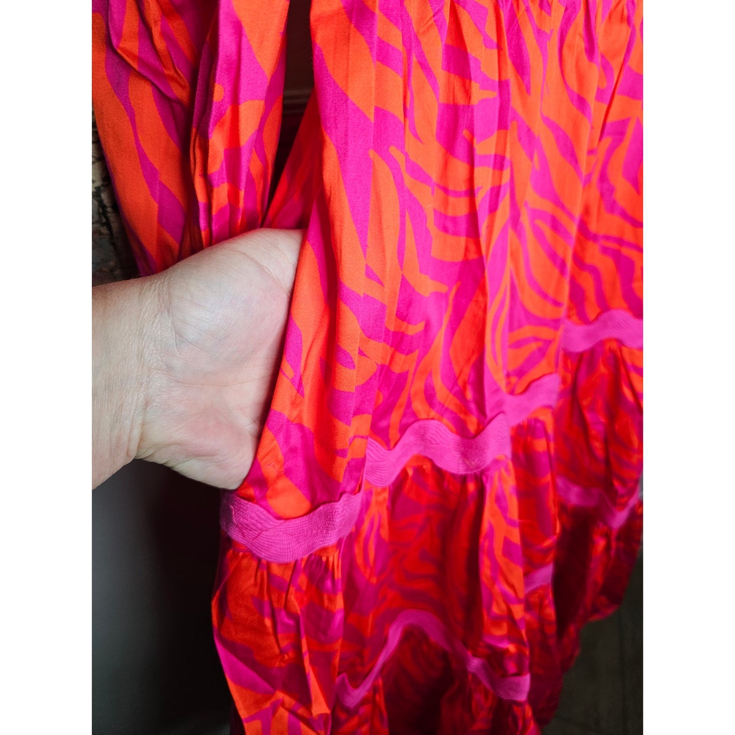 NWT Alden Adair Mia Cotton Tiered Zebra Dress in Pink/Red Ladies Size Small