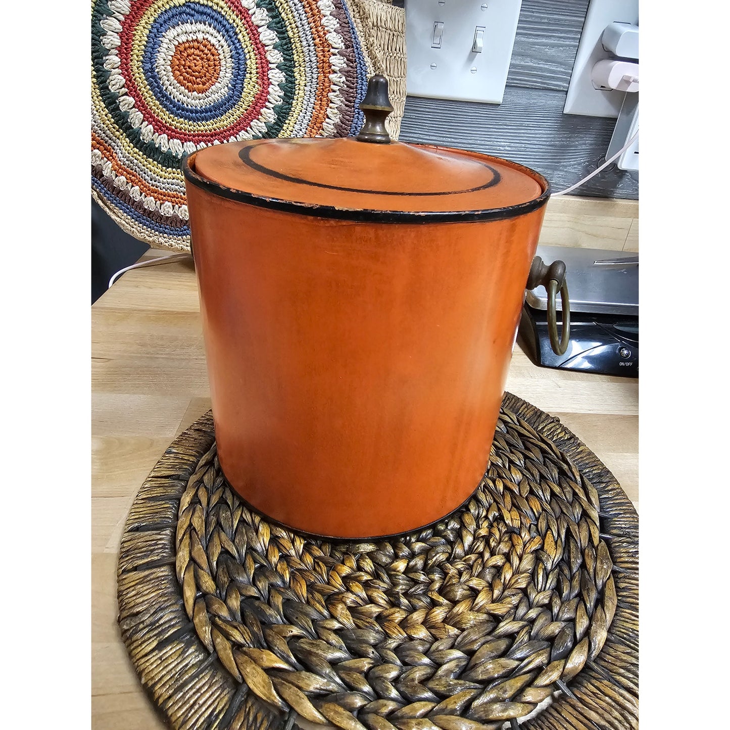 Vintage Cinnabar orange With black Wash/Trim Ice bucket Brass accents
