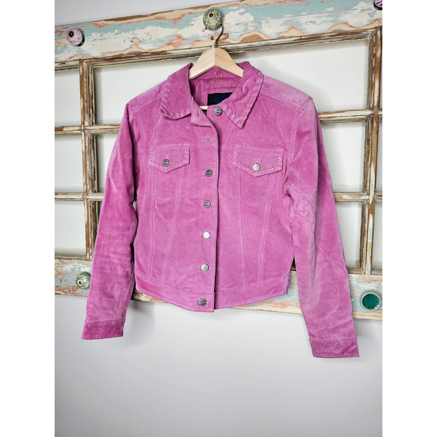 Vintage Jou Jou Pink Suede Button Up Jacket Whip Stitch Trims Size Xmall