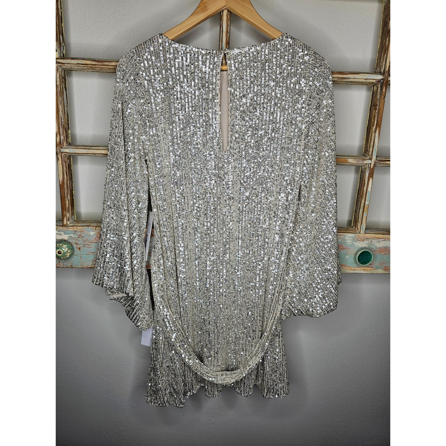 NWT Silver Sequenced Lined Mini Dress w/ Trumpet Sleeves Jay Godfrey Ladies size 6