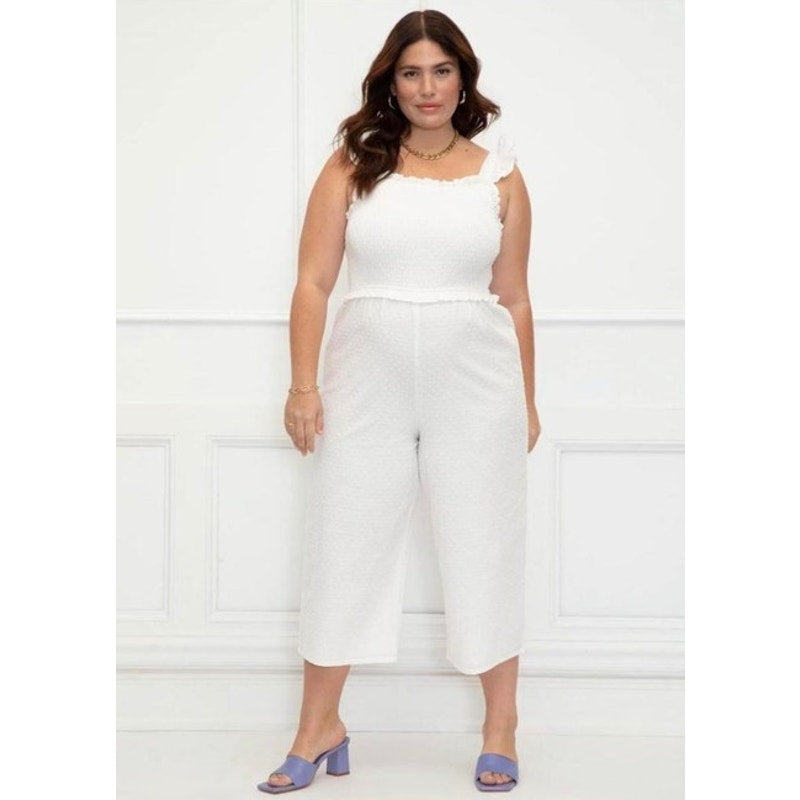 NWT Eloquii Ruffle Shoulder Sleeveless Cropped White Dot Jumpsuit Size 28
