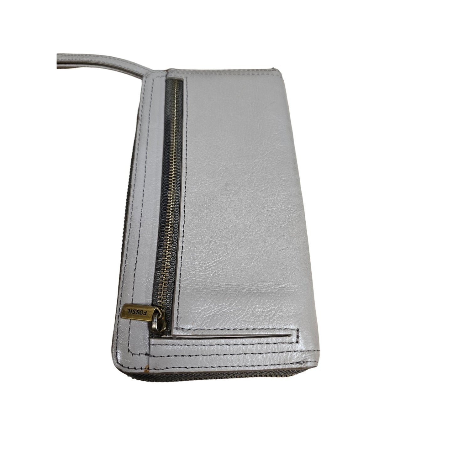 Fossil Khaki Gray Leather Clutch Wallet With Carry Strap