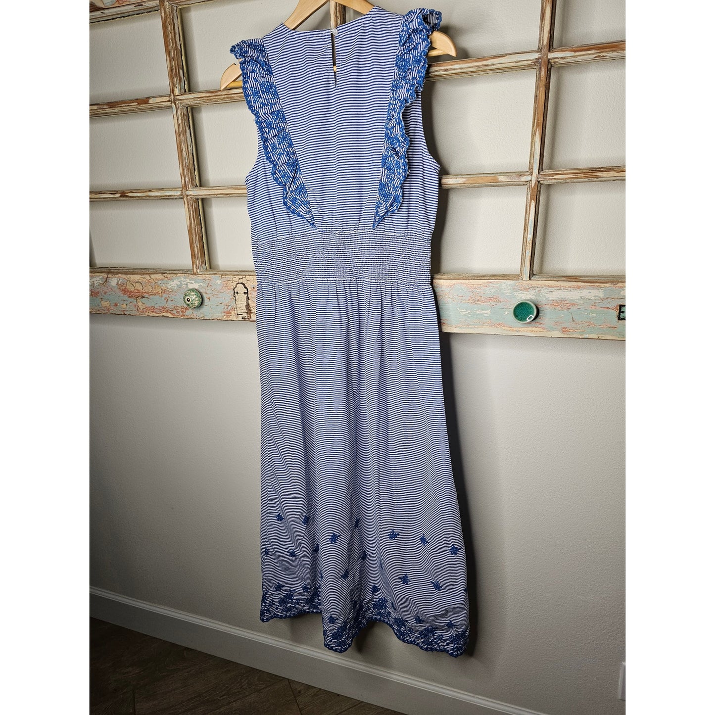 Koton Blue & White Stripe Midi Dress with Ruffles and Embroidery Ladies size Medium