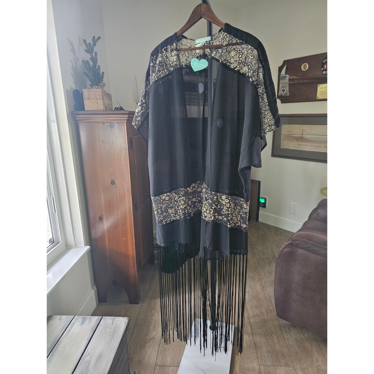 NWT Betsey Johnson black & gold Fringe Sheer Kimono ladies OSFM
