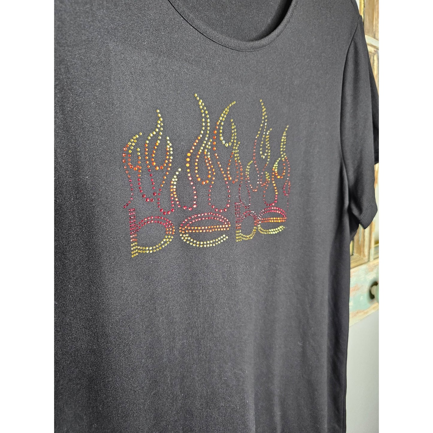 NWOT BeBe Black Tee Dress With Flame Fire Bling Ladies size 2X