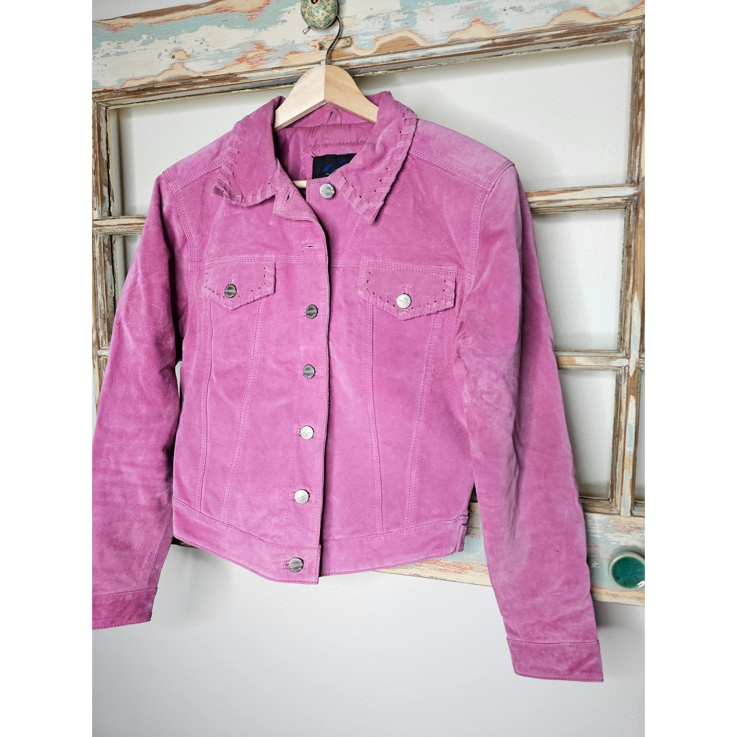 Vintage Jou Jou Pink Suede Button Up Jacket Whip Stitch Trims Size Xmall