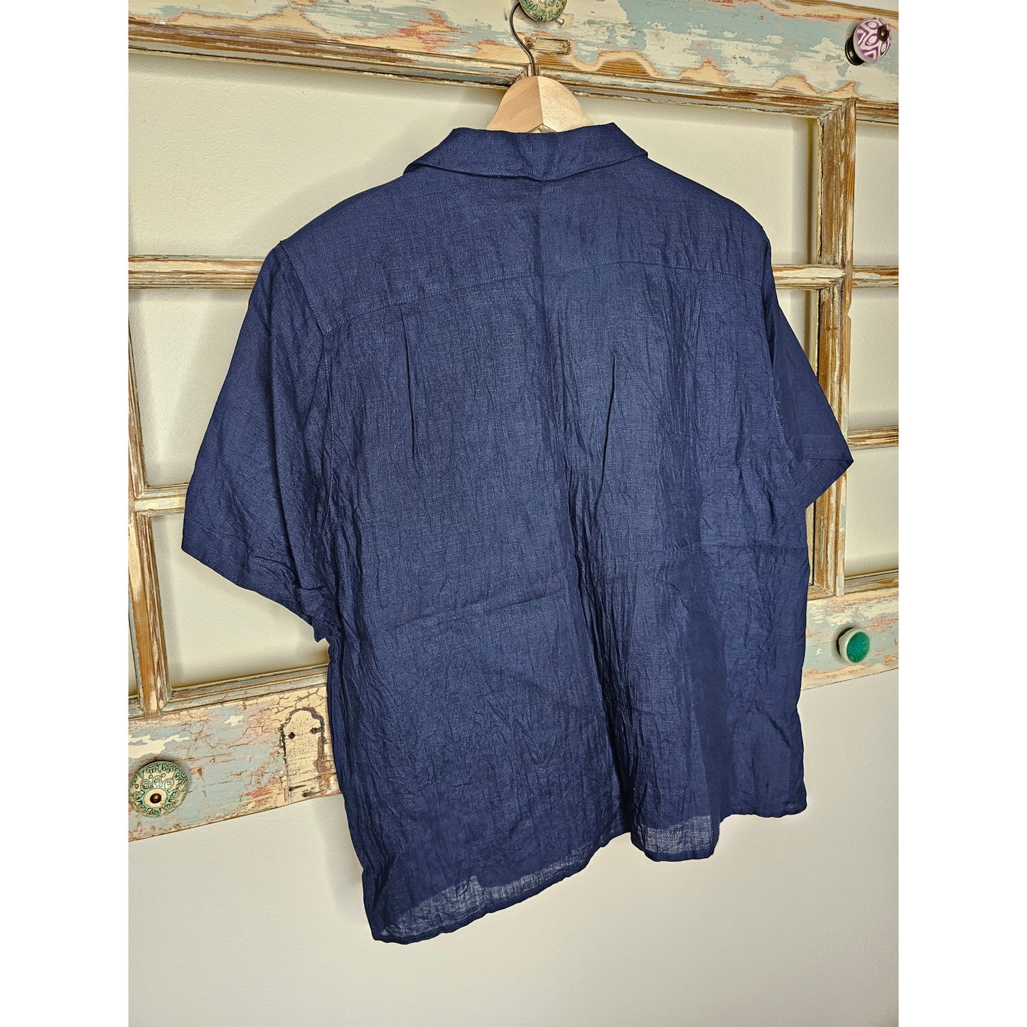 Irish Linen Navy Short Sleeve Button Up Shirt Richard Malcolm Size Large