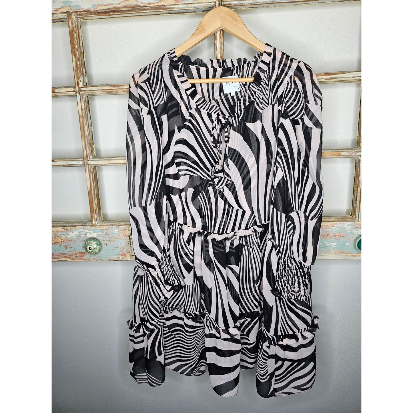 NWOT Misa Zebra Print Sheer Tiered Dress Ladies Size Small