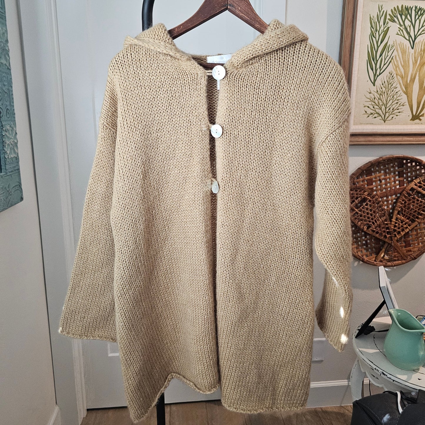Soft Surroundings Tan Mohair 3 Button Cardigan With Hood Ladies size Small