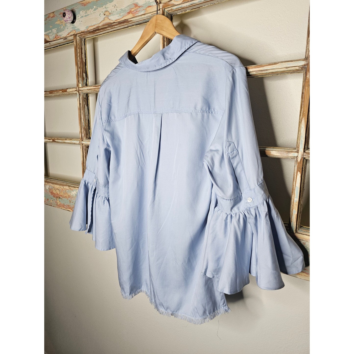 Marc New York Collared Button Up Blue Top 3/4 Bell Sleeves Size Medium