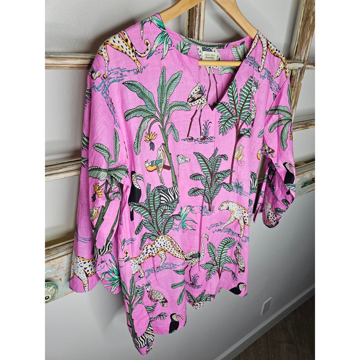 Pink Jungle Print Pullover Tunic Ladies Size Medium by Little Tibet Boutique