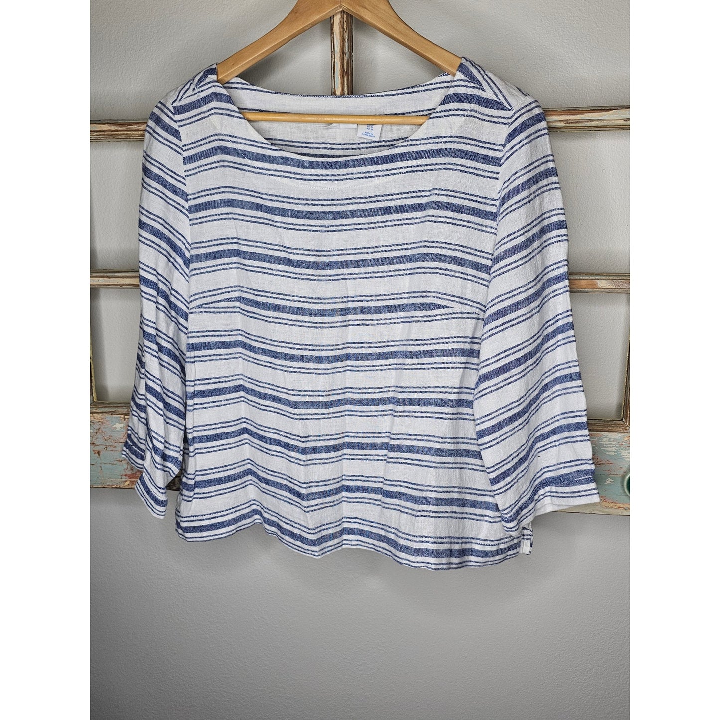 Linen Striped Sigrid Olsen 3/4 Sleeves Boatneck Top Size Medium