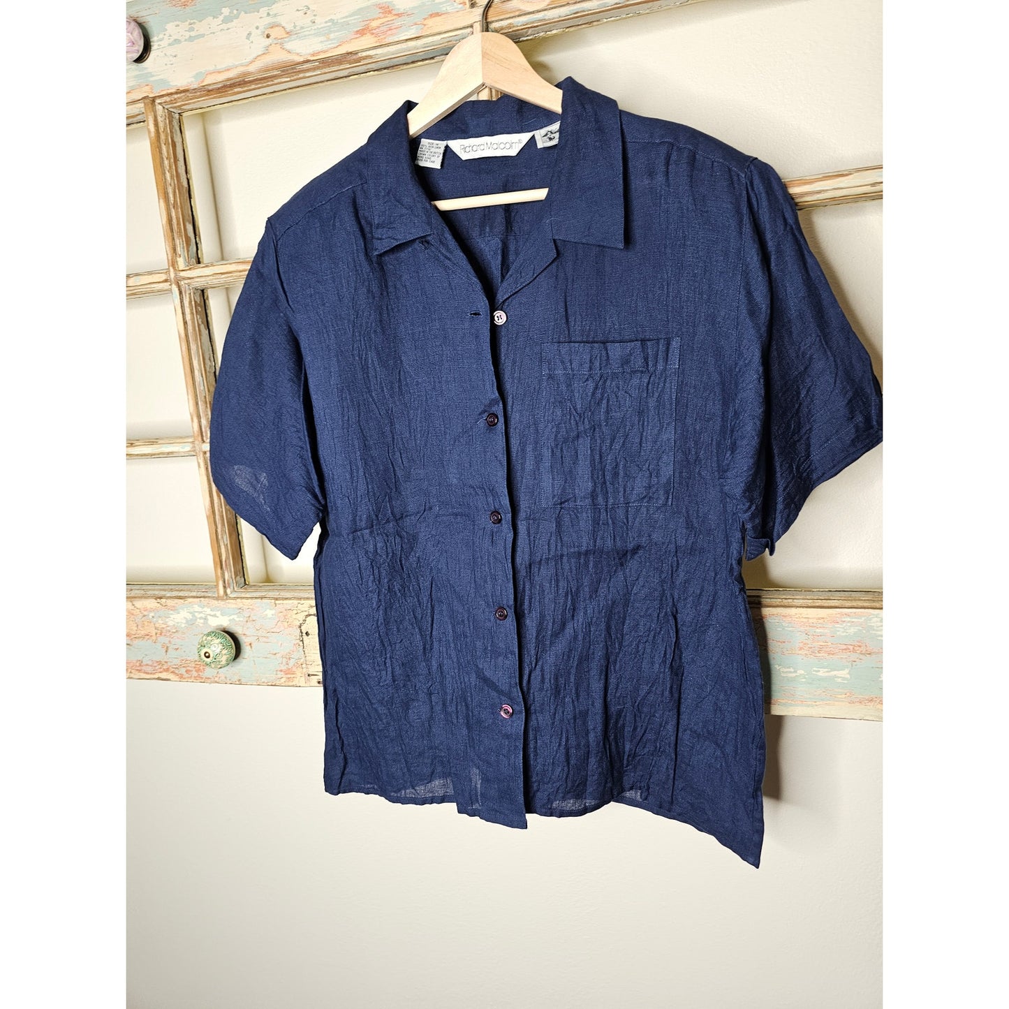 Irish Linen Navy Short Sleeve Button Up Shirt Richard Malcolm Size Large