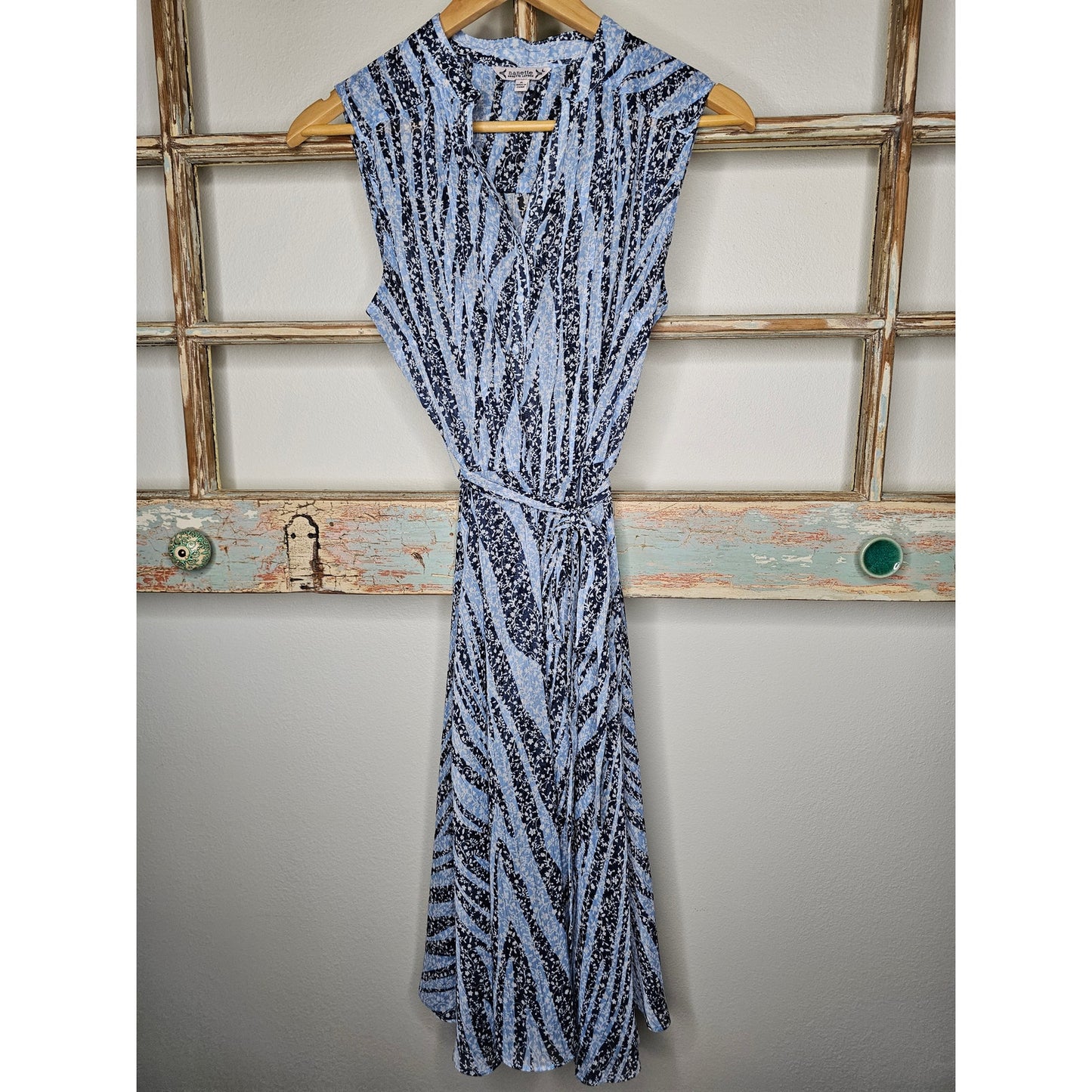Nanette Lepore Blue Metallic Floral Sleeveless Shear Dress Size 6