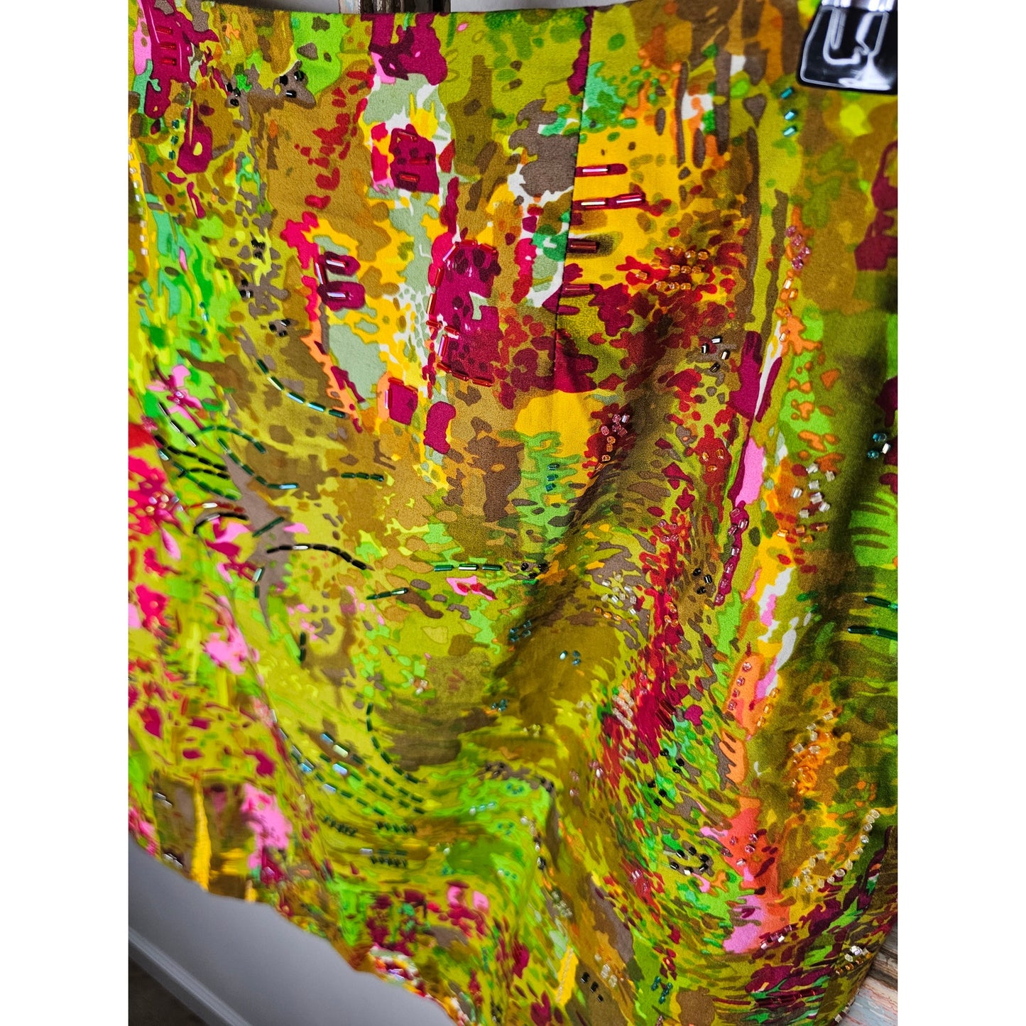 Etcetera Lined Abstract Skirt Womens Size 12 Green Multi Beaded Pencil