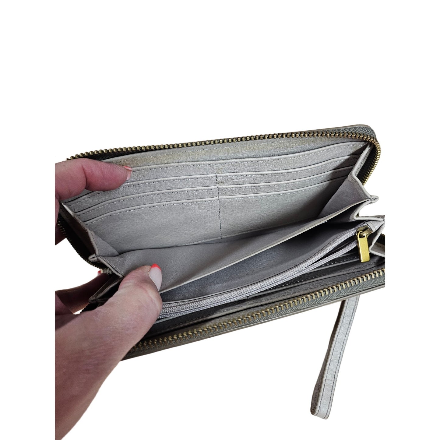 Fossil Khaki Gray Leather Clutch Wallet With Carry Strap