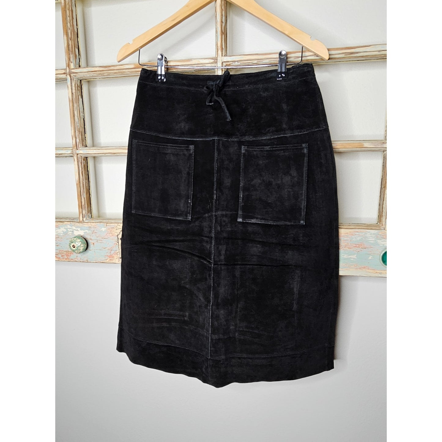 Vintage Bernardo Black Suede Leather Midi Skirt Ladies size Small