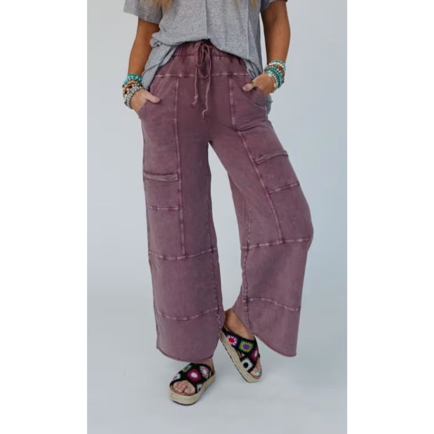 NWT Easel Wide Leg Full Length Mineral Washed Pants Ladies Small