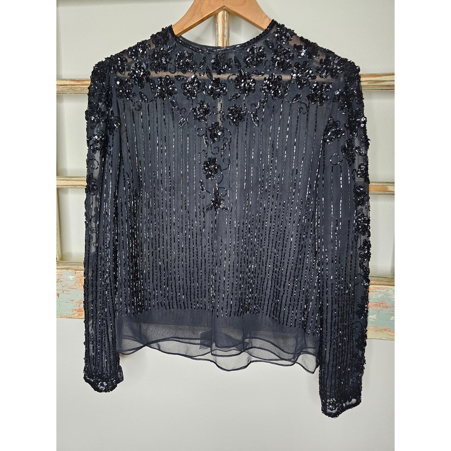 Vintage Black Beaded Long Sleeve Lined Blouse Ladies Size 12