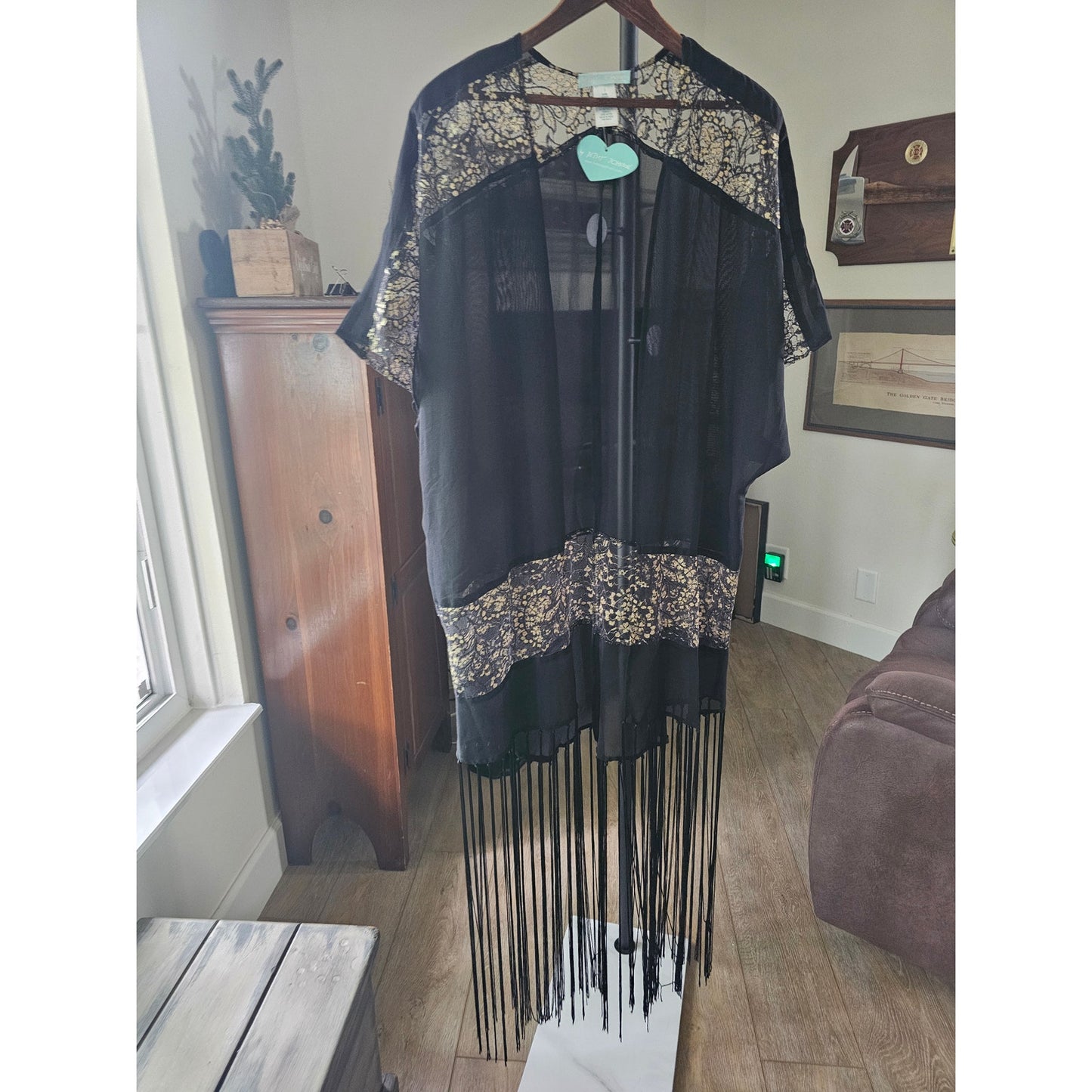 NWT Betsey Johnson black & gold Fringe Sheer Kimono ladies OSFM