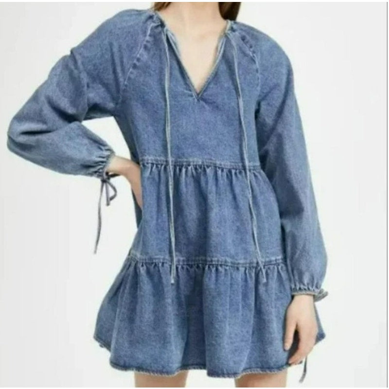 En Saison Bruna Medium Wash Denim Mini Tiered Babydoll Dress Size XS