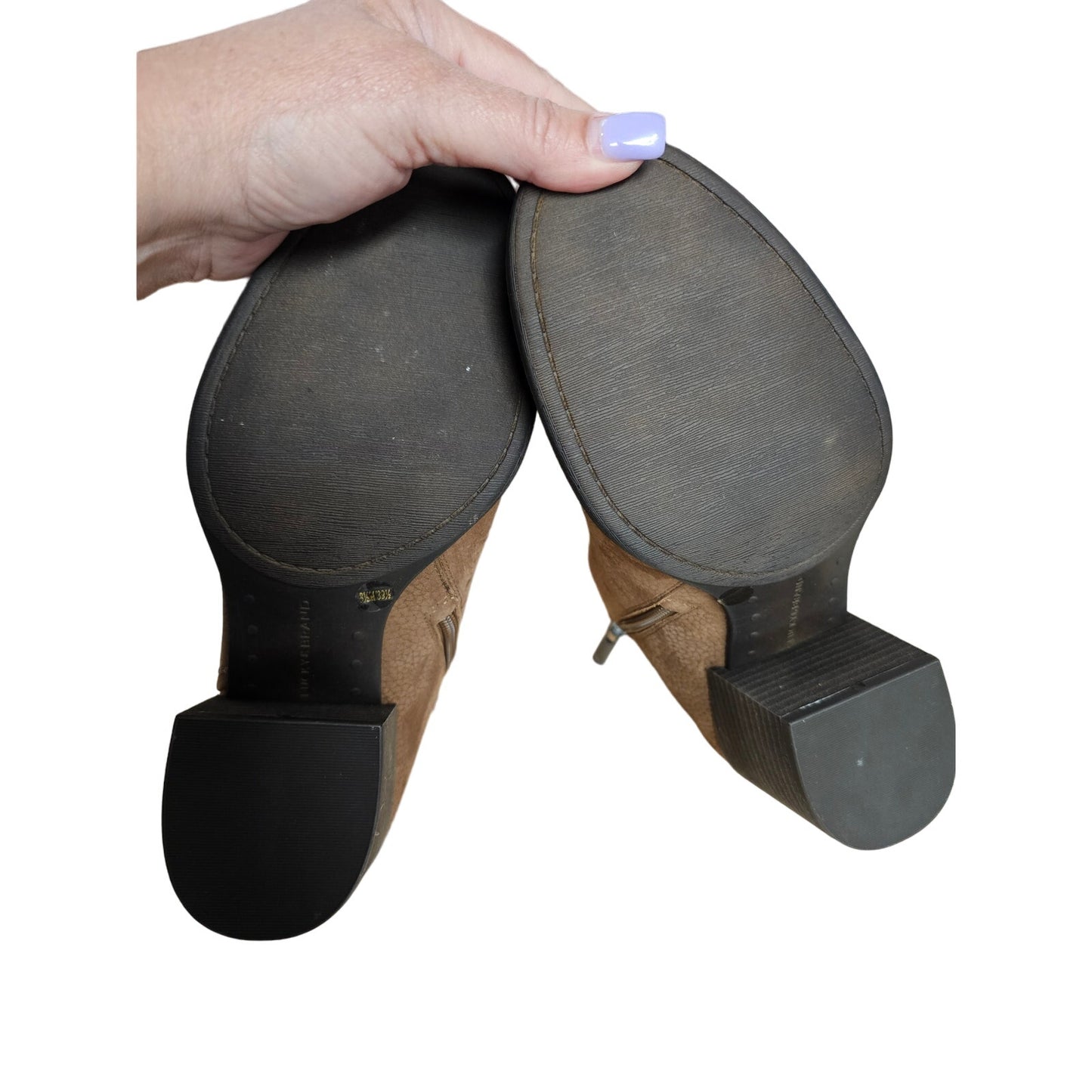NWT Lucky Bellita Asymmetrical Block Heel Booties in Cedar tone size 8.5