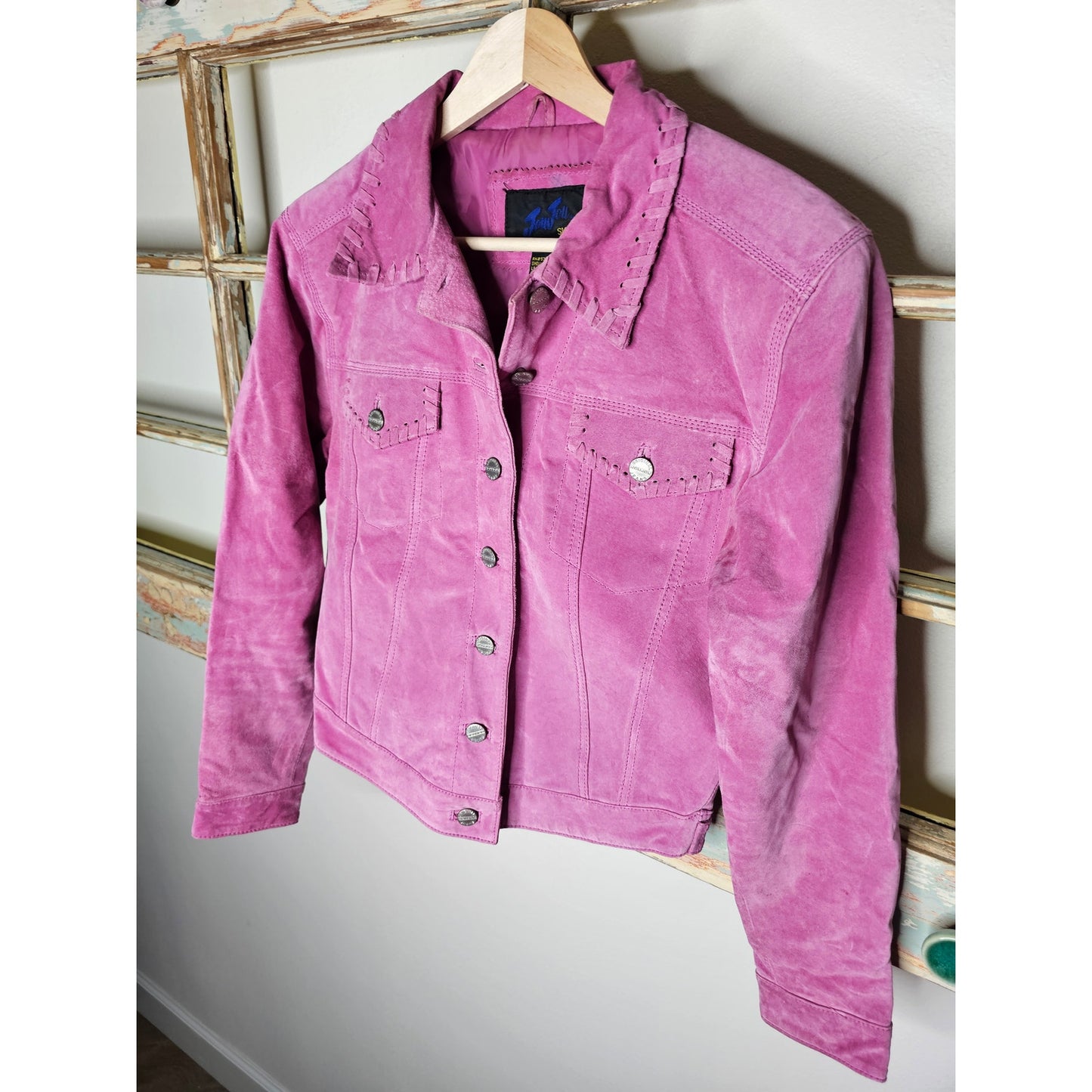 Vintage Jou Jou Pink Suede Button Up Jacket Whip Stitch Trims Size Xmall