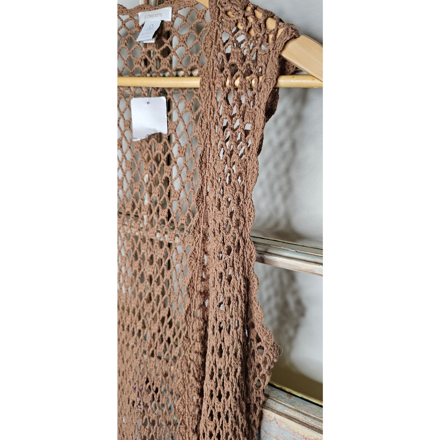 NWT Chico's Valerie Crochet Long Taupe Long Boho Open Vest XS / Chico's size 0