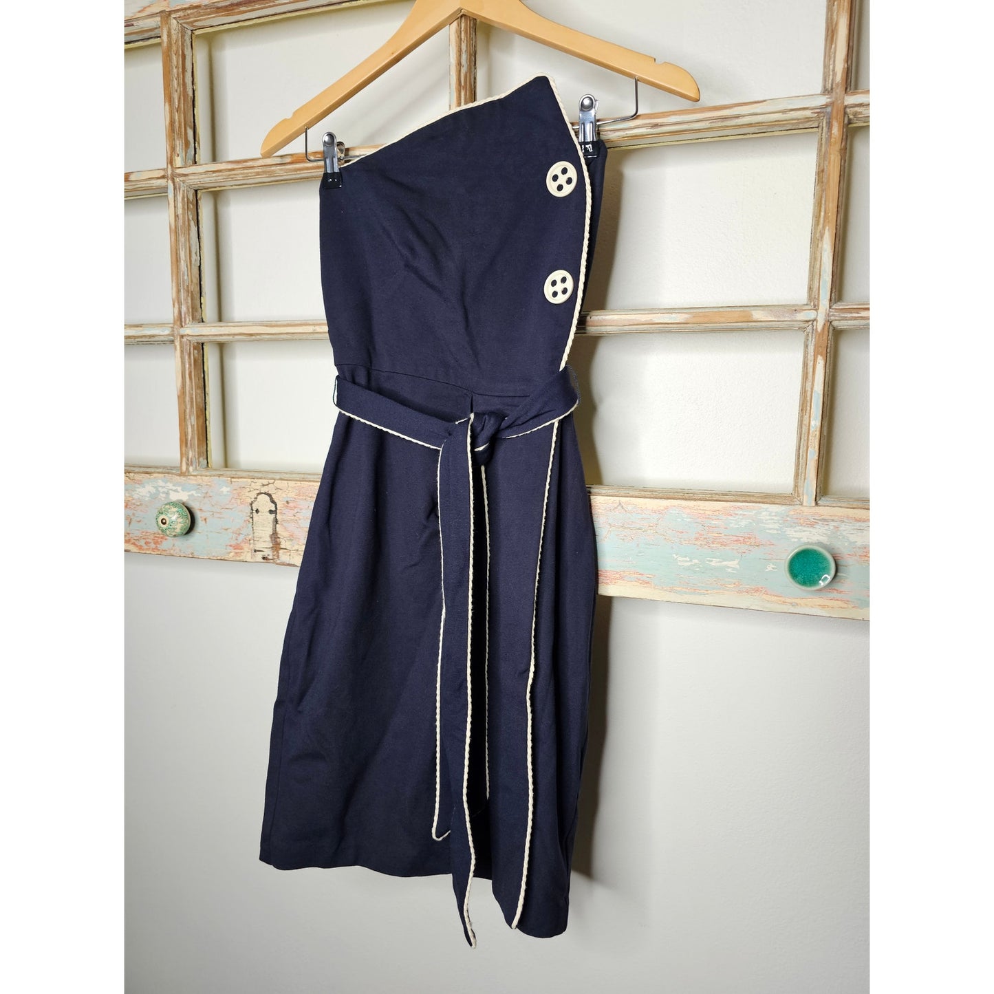 Eva Franco Halter Navy/ White Cocktail Dress Self Tie Belt Size 0