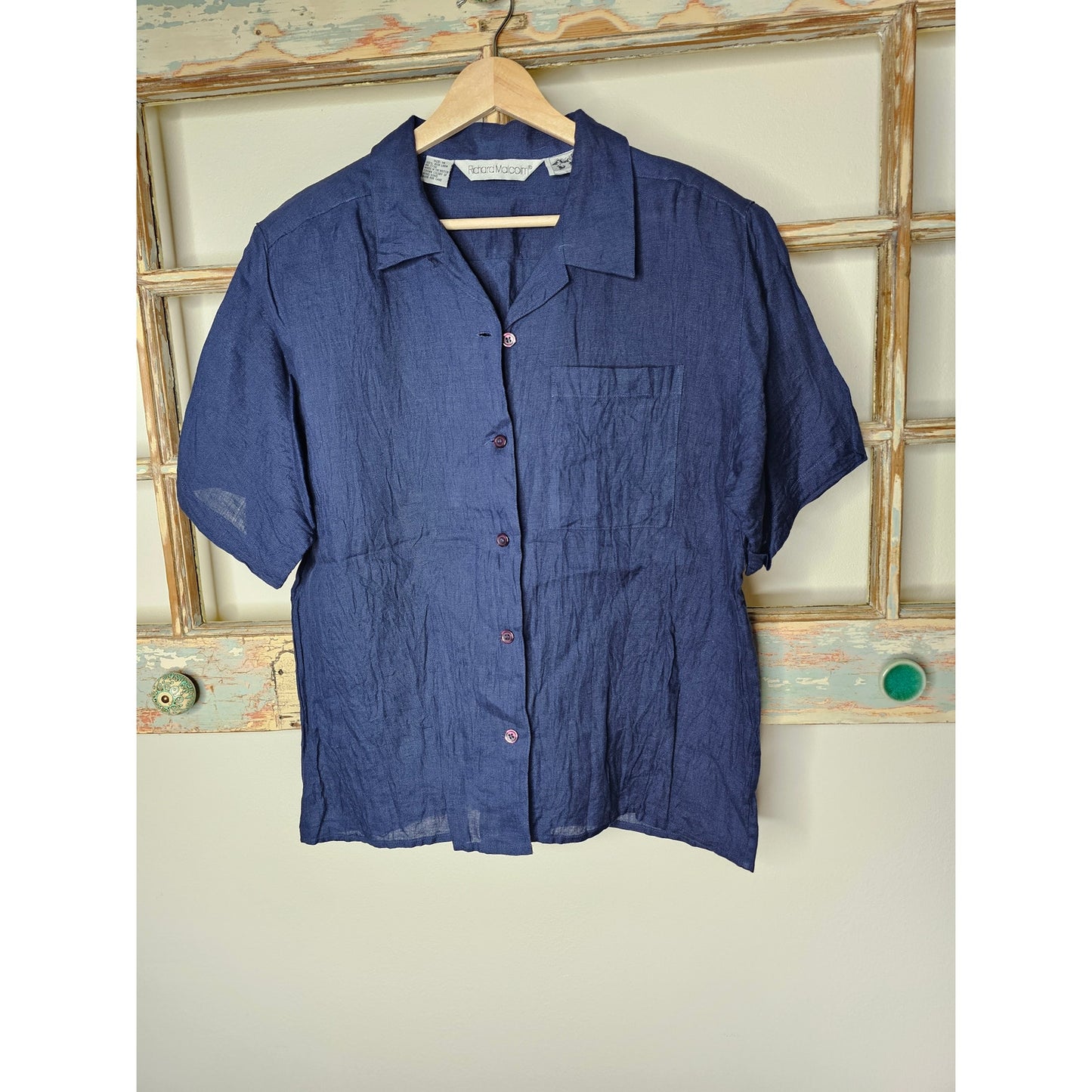 Irish Linen Navy Short Sleeve Button Up Shirt Richard Malcolm Size Large