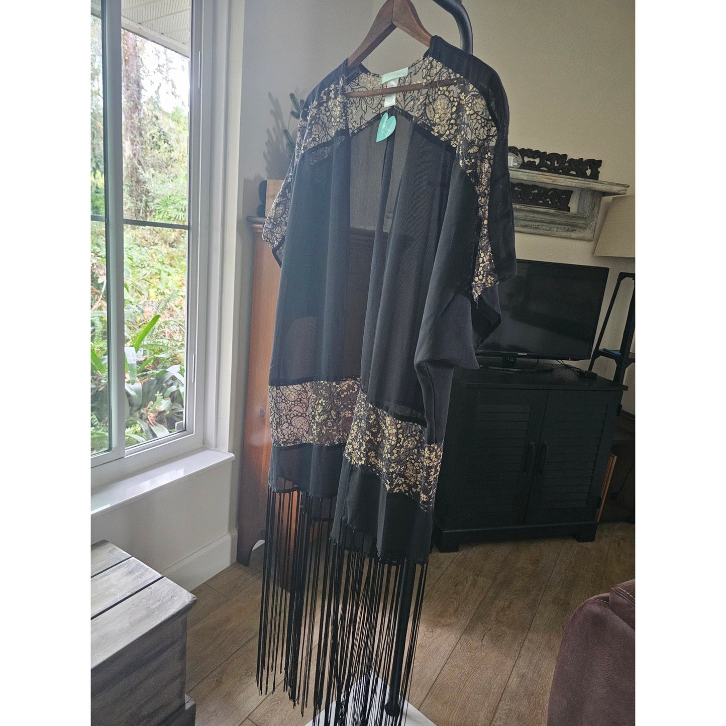 NWT Betsey Johnson black & gold Fringe Sheer Kimono ladies OSFM