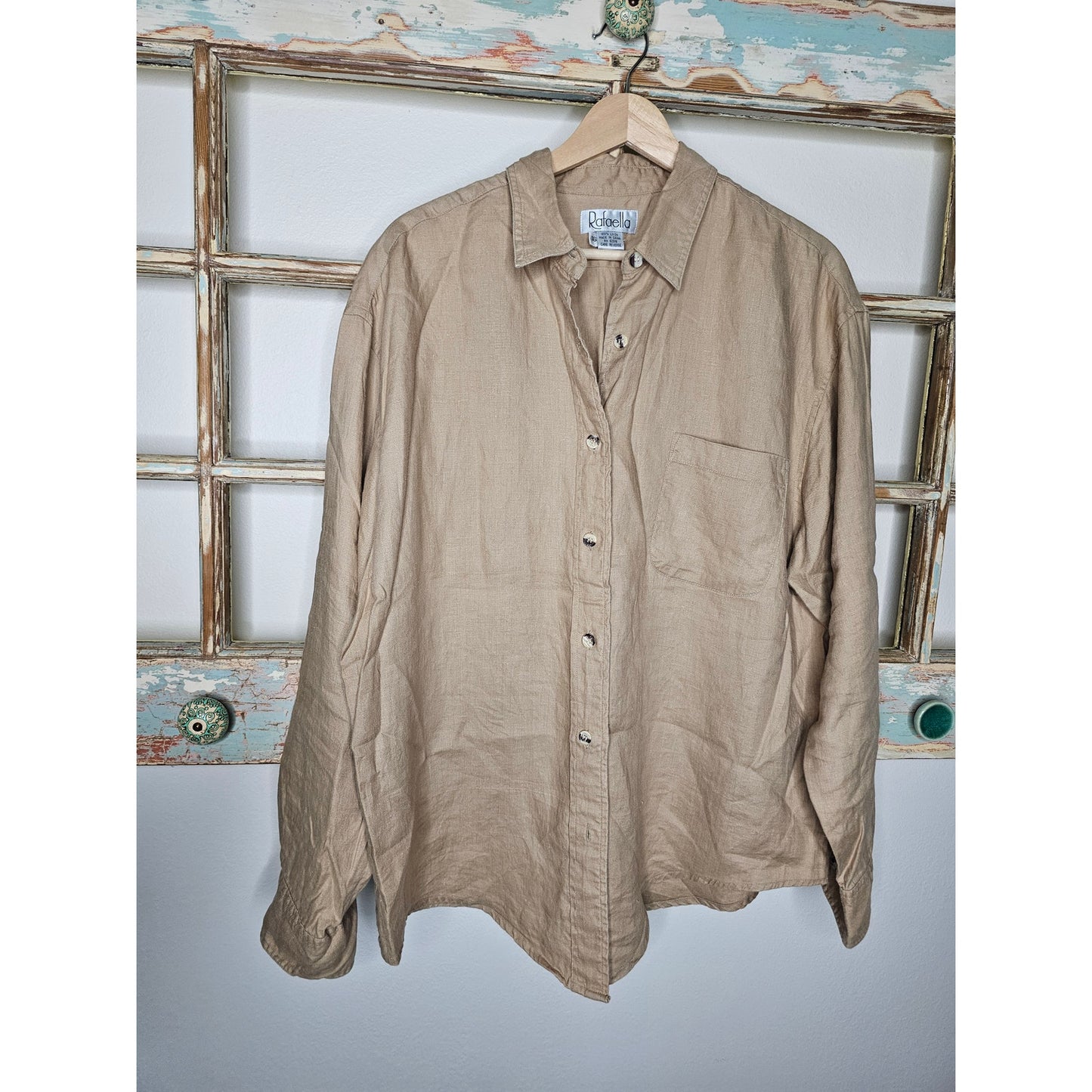 Linen Khaki Button Up Shirt By Rafaelle Ladies Size 16