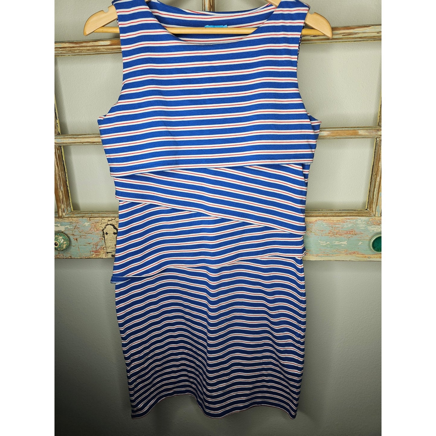 J. Mclaughlin Red/White/Blue Striped Nicola Tiered Sleeveless dress size Medium
