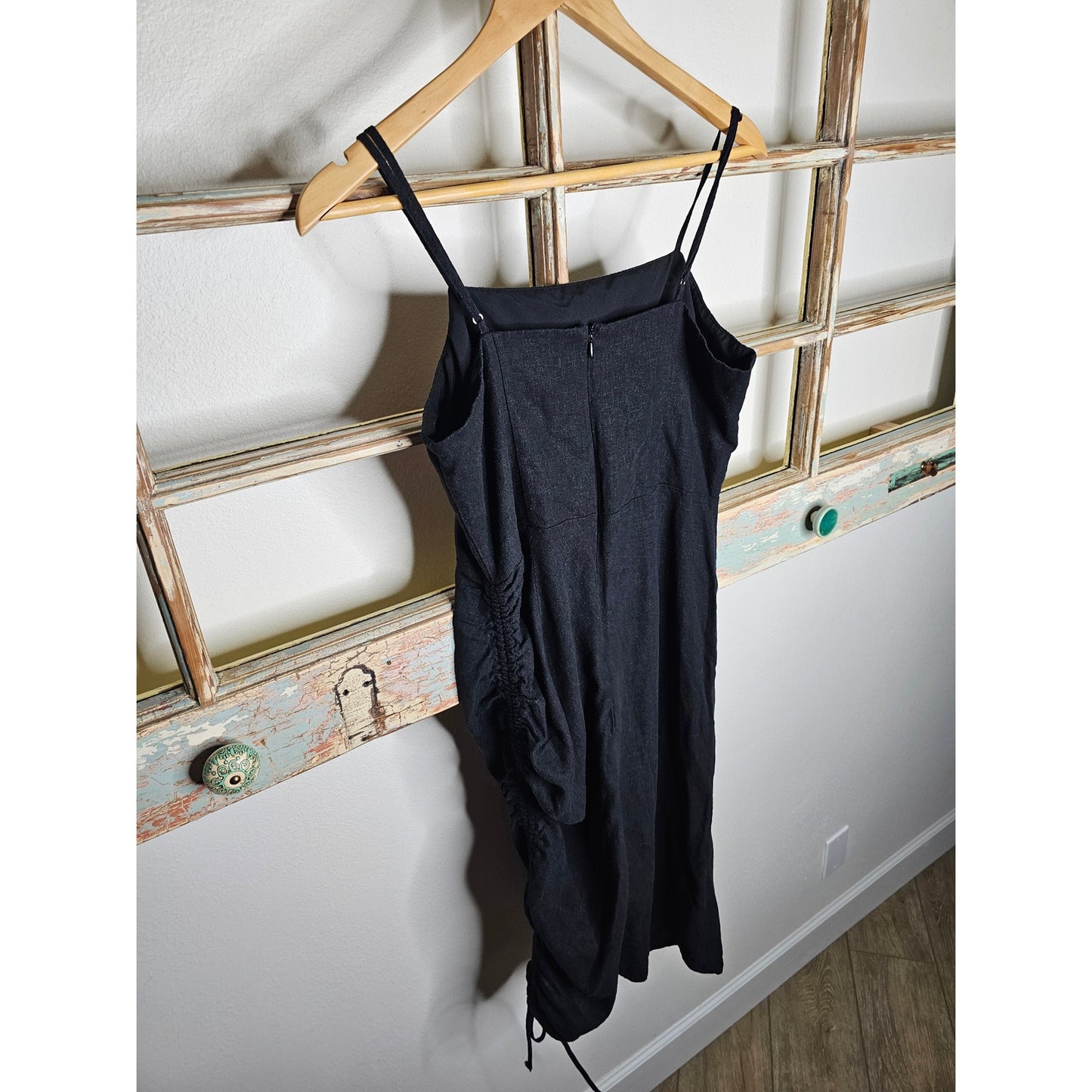 Linen Black Midi Dress with Spaghetti Straps and cinch Ladies size Large