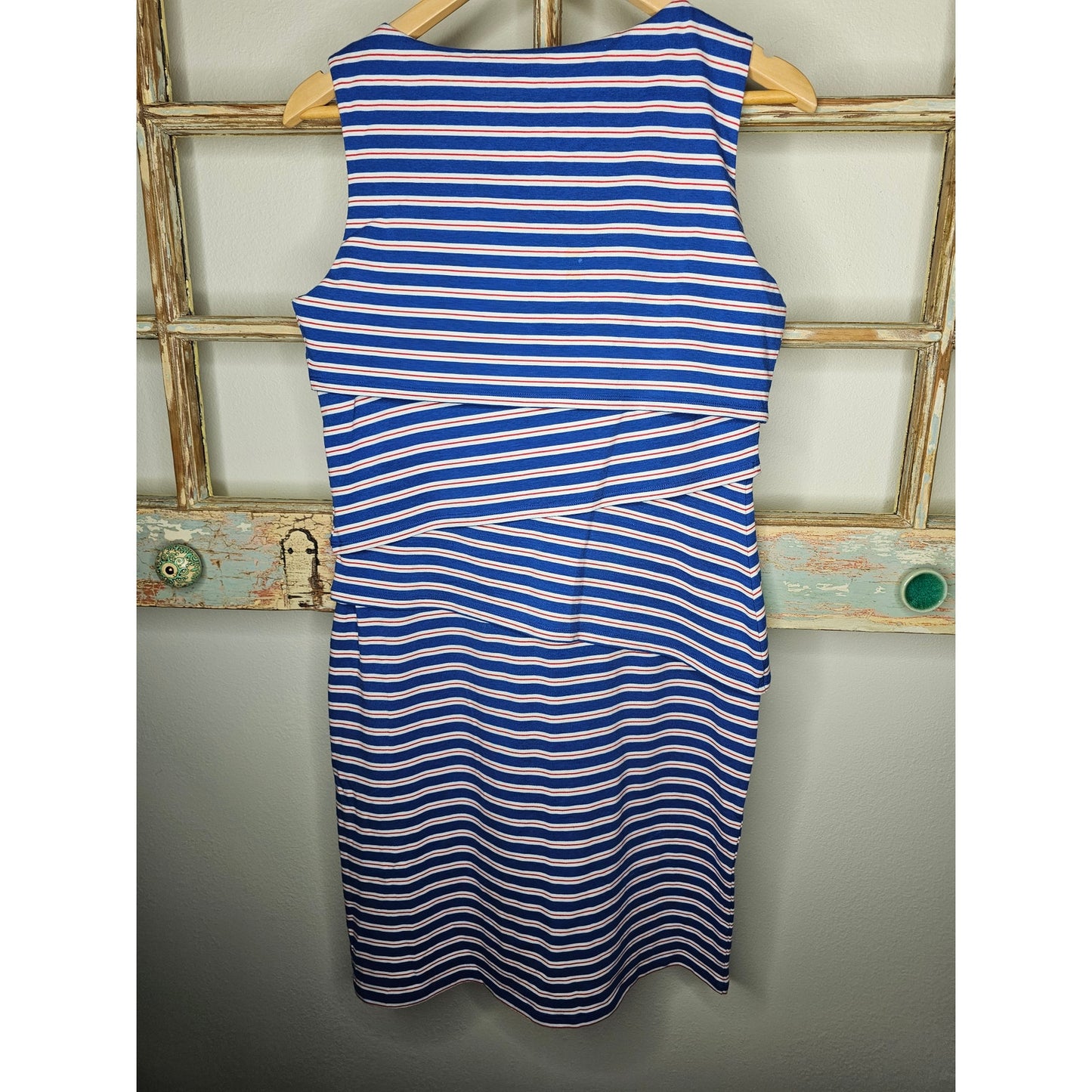 J. Mclaughlin Red/White/Blue Striped Nicola Tiered Sleeveless dress size Medium