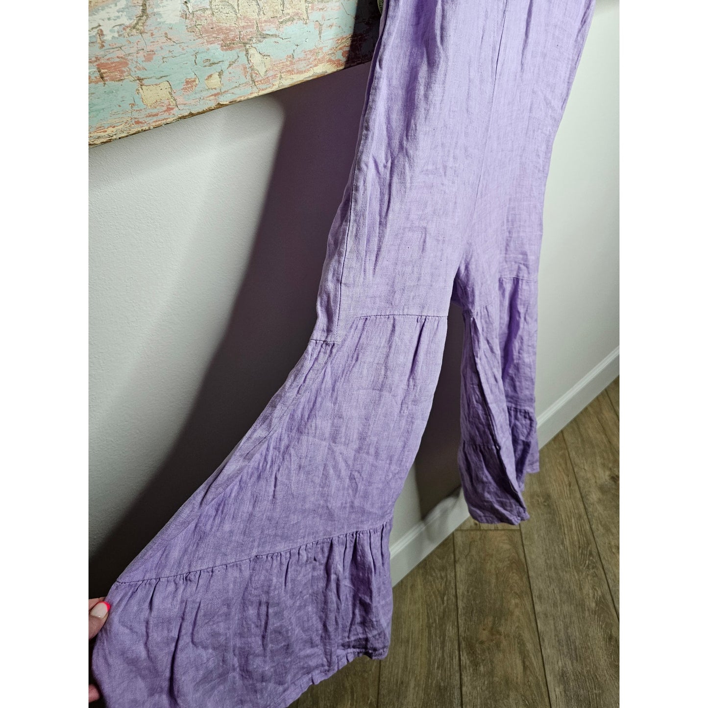 Lino Purple Sleeveless V-Neck Wide Tiered Leg Romper Size Medium