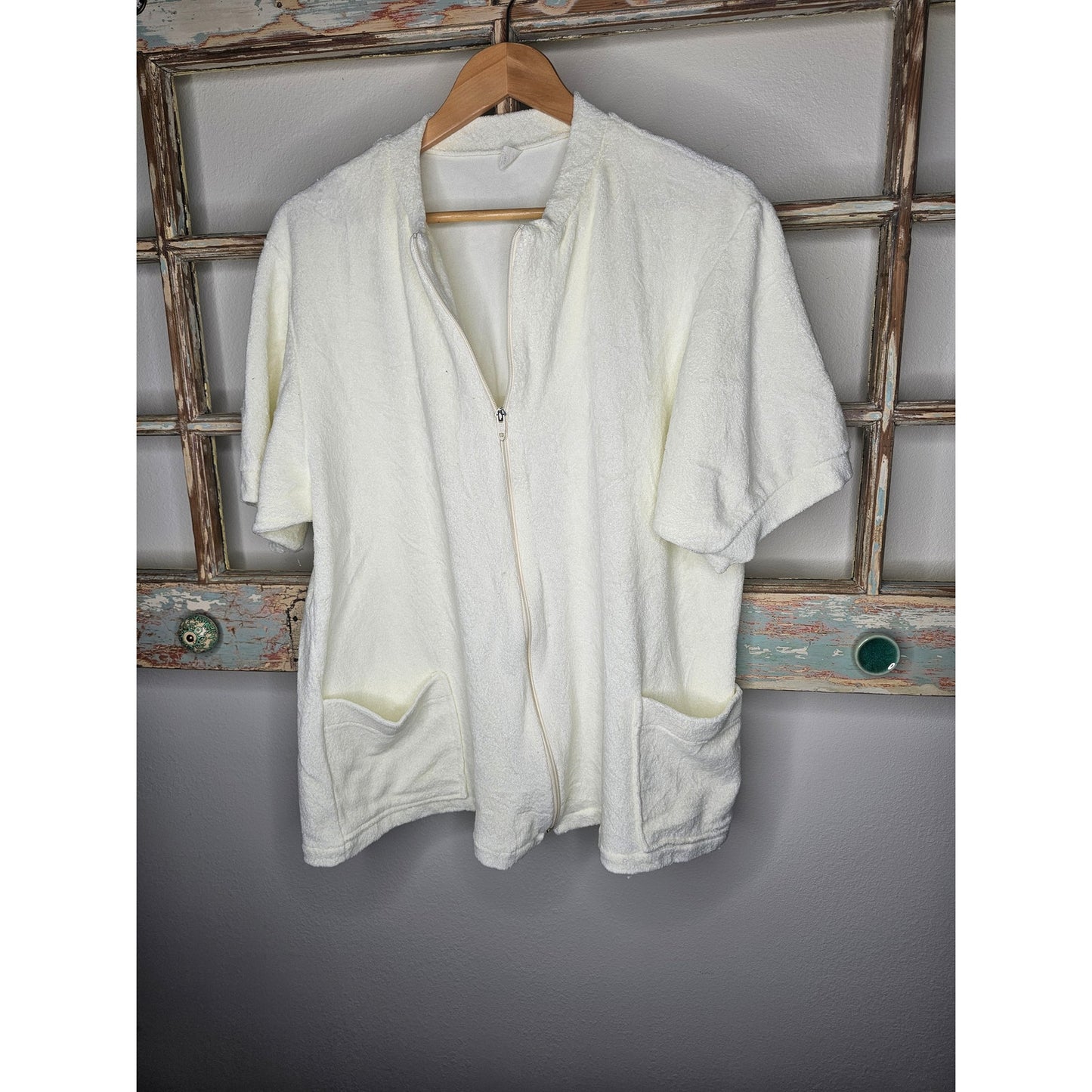 Vintage Cream Terry Cloth Zip Up Top W/ Pockets Oversized Unisen Size Small