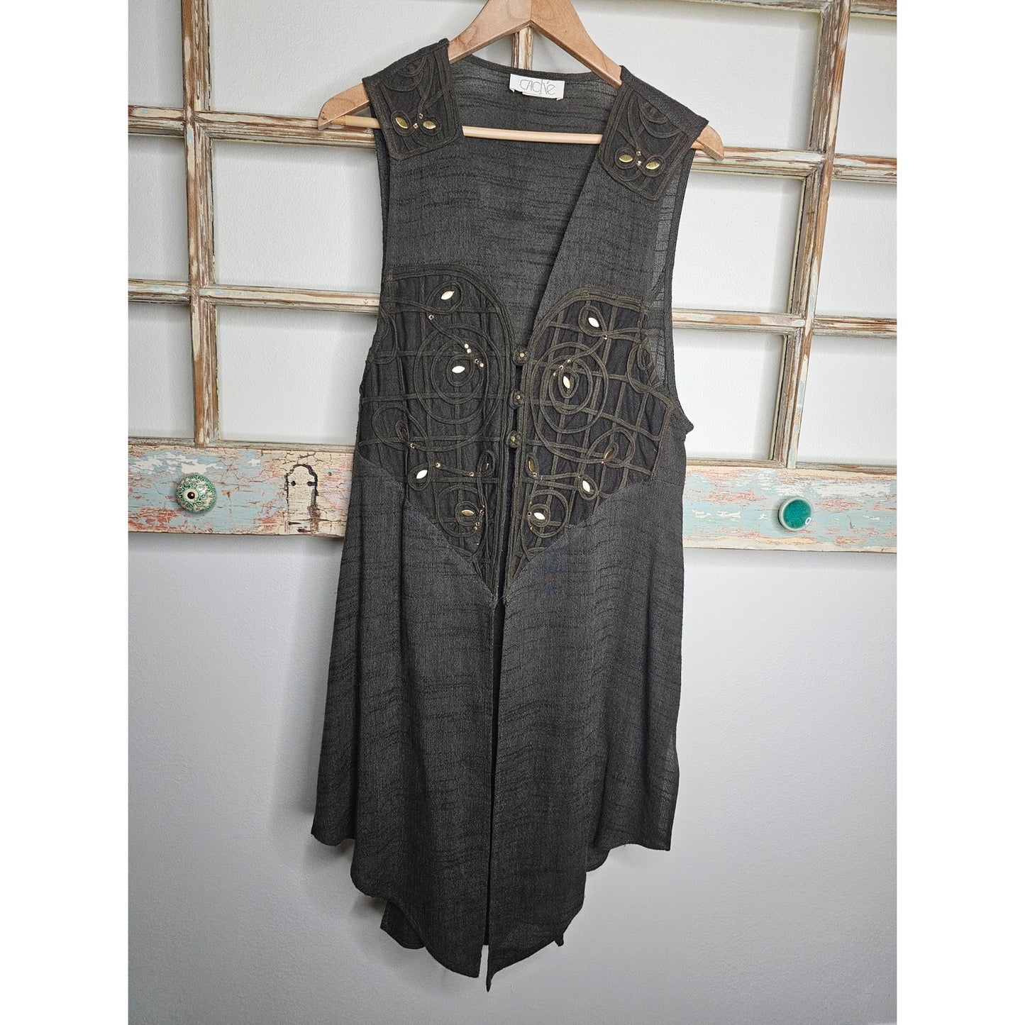 Vintage Cache Boho Army Green Vest W/ Gold Accents Size 10 / Medium