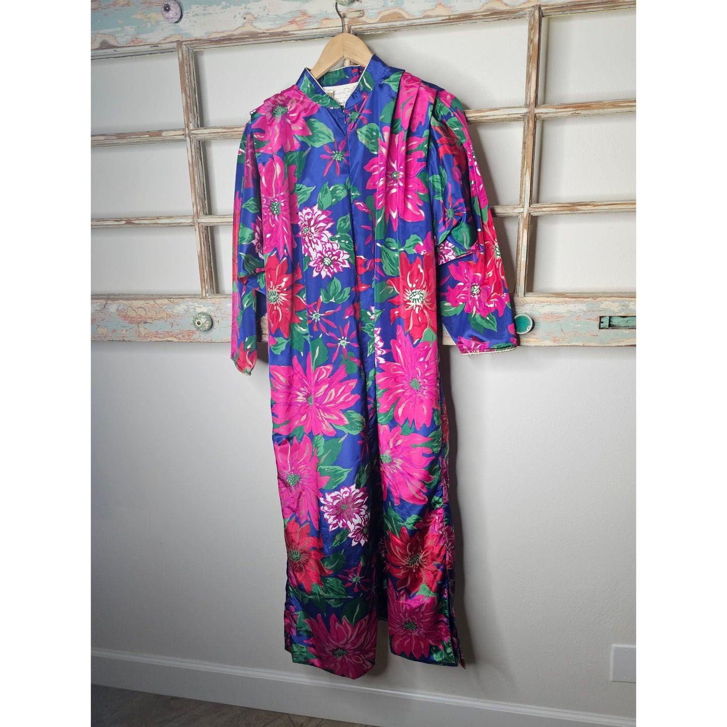 Vintage Oscar De La Renta Vibrant Floral Kaftan Dress Front Zip Ladies Medium
