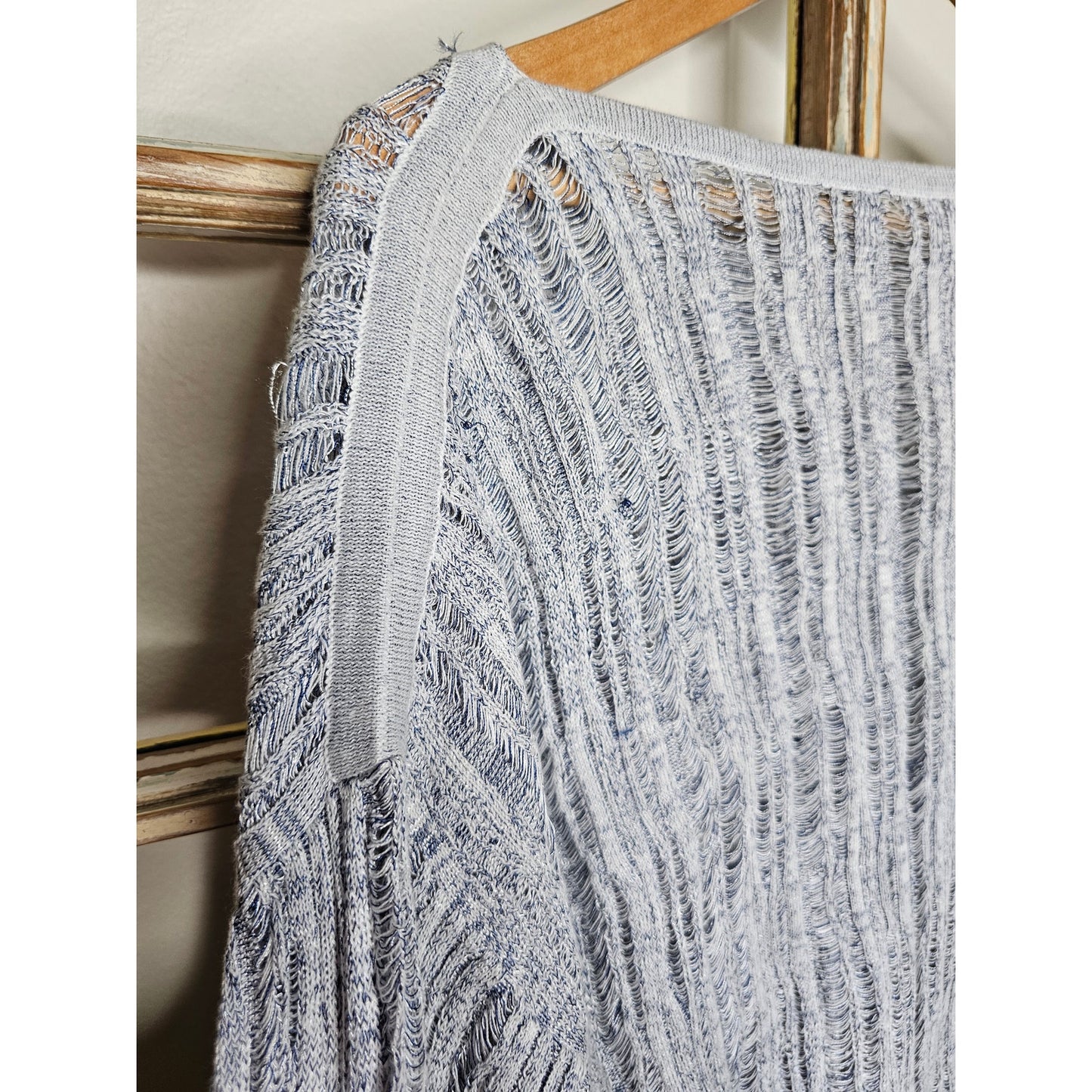 Splendid Open Knit Boatneck Balloon Sleeve blue/white Top Size XL
