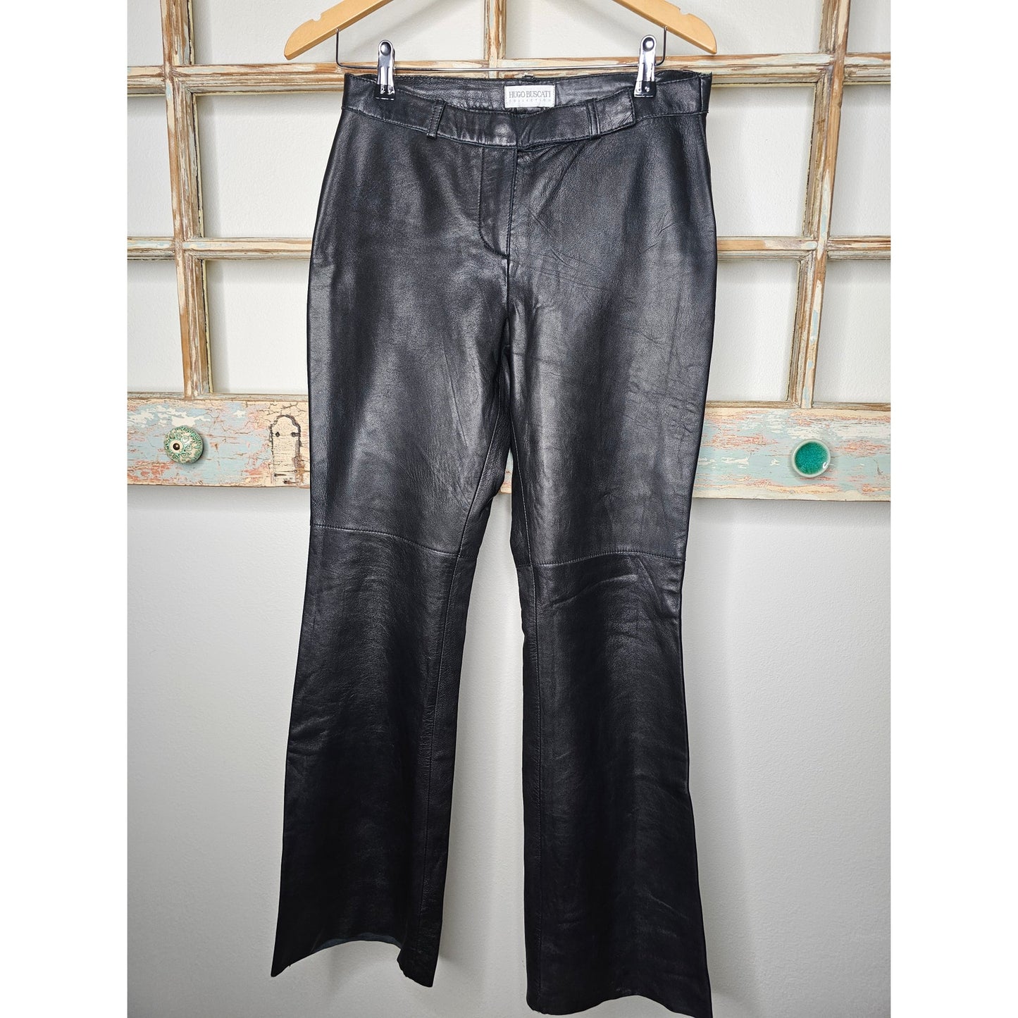 Hugo Buscati Black Leather Straight Leg Pants Motorcycle, riding, biker chic Size 8