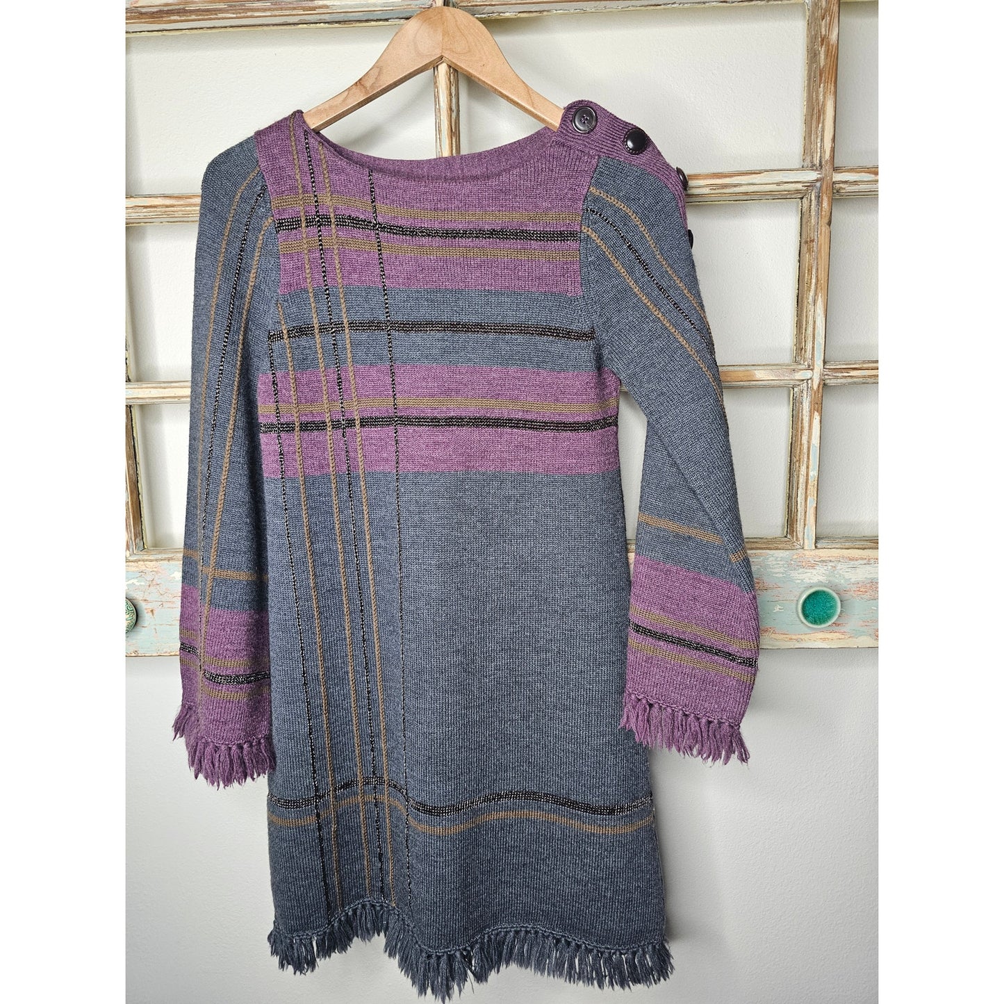 Nanette Lepore Wool Sweater Dress W/ Bell Sleeves Fringe Ladies Size Small
