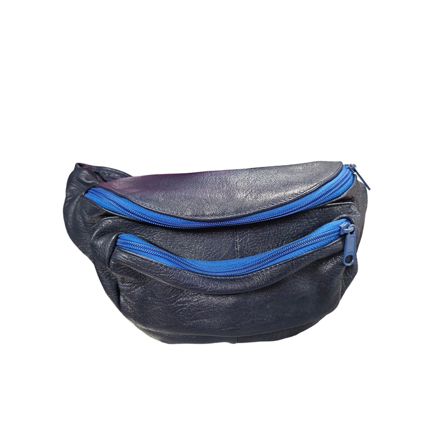 Vintage Navy-Blue Leather Adjustable Fanny Pack With Royal Blue Zippers